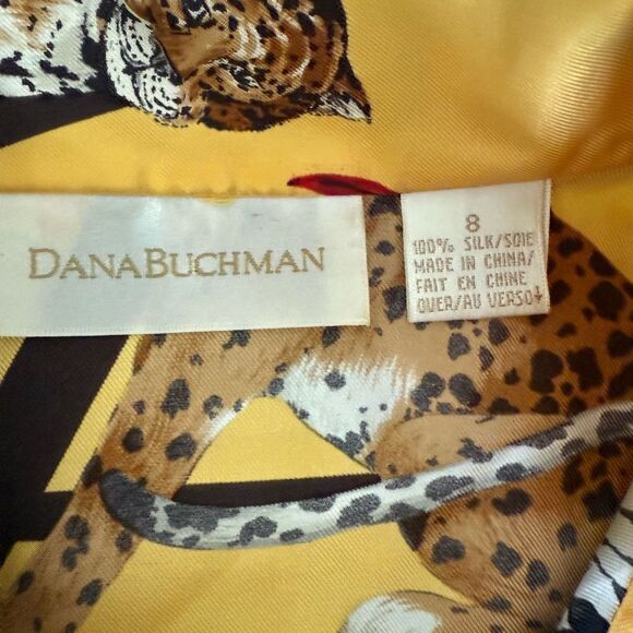Dana Buchman 100% Silk Safari Blouse Elephant Alphabet Parrot Cheetah Yellow 8 - Picture 5 of 5